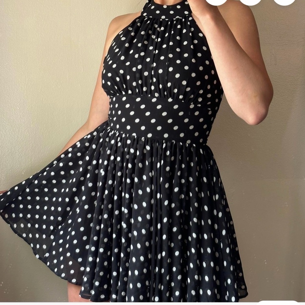 Moda International Sx 8 Black and White Polka Dot Halter Top Full circle Dress.